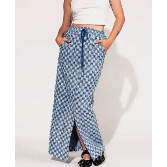 NWT LALA ORIGINAL Check Mate Textured Denim Maxi Skirt Womens Small M Blue Boho - Picture 1 of 13